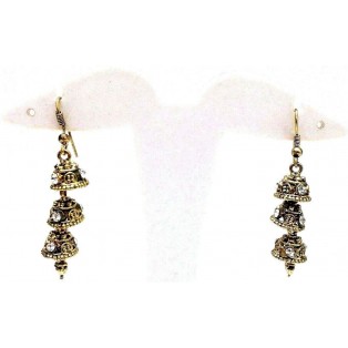 Golden Oxidized Earring Jhumka - Hook Dangle Drop Long Chandelier - Triple Decker